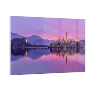 Quadro su vetro - Una chiesa su un'isola con montagne e un tramonto sullo sfondo - 120x80cm - Isola favolosa al crepuscolo - Decorazione murale moderna per soggiorno e camera da letto ARTTOR