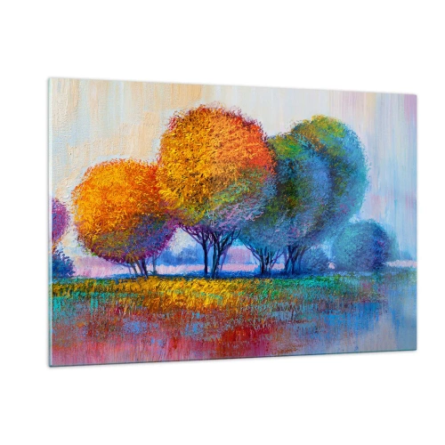 Quadro su vetro - Alberi colorati nei colori autunnali contro un cielo blu - 120x80cm - Ciuffo di colori brillanti - Decorazione murale moderna per soggiorno e camera da letto ARTTOR