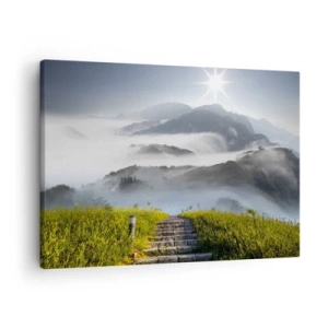 Quadro su tela - Stampe su Tela - Scale di pietra che salgono attraverso le montagne avvolte nella nebbia mattutina - 70x50cm - Sempre in alto verso le nuvole - Decorazione murale moderna per soggiorno e camera da letto ARTTOR