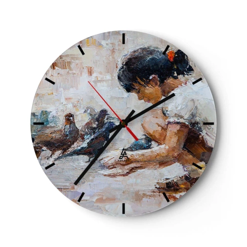 Orologio da parete - Orologio in Vetro - Una ragazza che dà da mangiare ai piccioni su uno sfondo dipinto - 30x30cm - Piccoli e gentili - Decorazione murale moderna per soggiorno, cucina e camera da letto ARTTOR