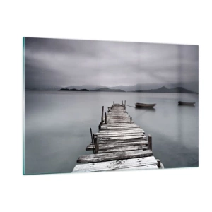 Quadro su vetro - Un molo di legno su un lago in una giornata nebbiosa - 120x80cm - Domani puoi partire - Decorazione murale moderna per soggiorno e camera da letto ARTTOR