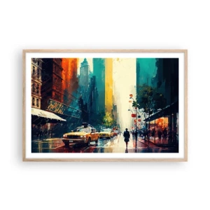Poster in cornice rovere chiaro - New York: qui anche la pioggia è colorata - 91x61 cm