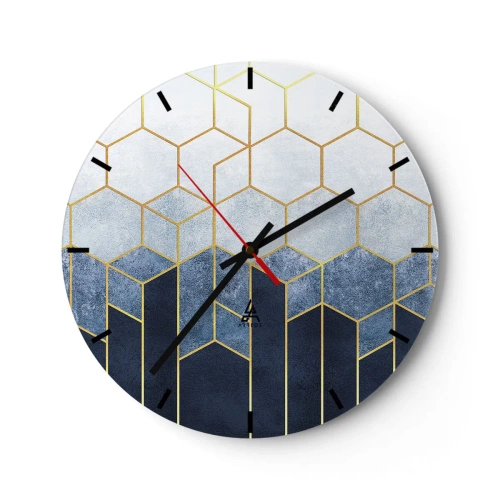 Orologio da parete - Orologio in Vetro - Motivo geometrico a cubo nei toni del blu e dell'oro - 30x30cm - Composizione a ritmo sincopato - Decorazione murale moderna per soggiorno, cucina e camera da letto ARTTOR