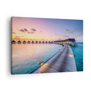 Quadro su tela - Stampe su Tela - Il molo che conduce ai cottage sul lungomare al tramonto - 70x50cm - Vacanze: ritorno alle fonti - Decorazione murale moderna per soggiorno e camera da letto ARTTOR
