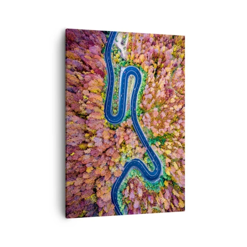 Quadro su tela - Stampe su Tela - Una strada tortuosa in una foresta autunnale vista a volo d'uccello - 50x70cm - Via tortuosa attraverso il bosco - Decorazione murale moderna per soggiorno e camera da letto ARTTOR
