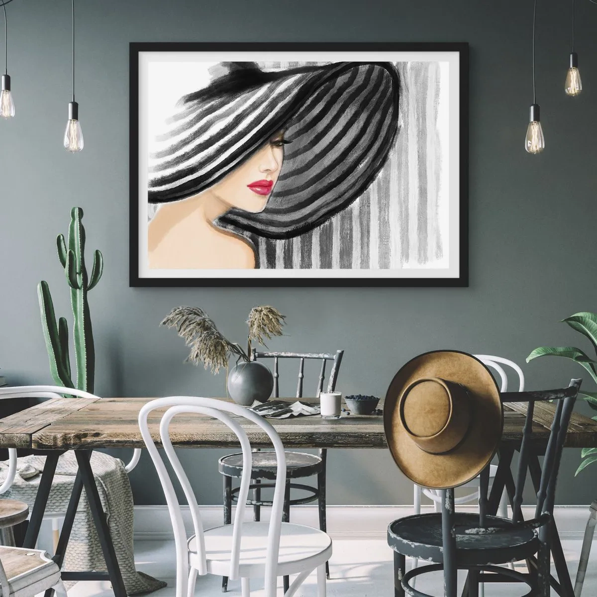 Poster in cornice nera - Donna che indossa un cappello bianco e nero con un accento rosso - 70x50cm - Dove trovarti? - Decorazione murale moderna per soggiorno e camera da letto ARTTOR