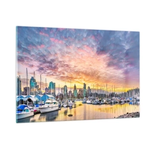 Quadro su vetro - Tramonto sul porto turistico con barche e grattacieli - 120x80cm - La città dei mille marinai - Decorazione murale moderna per soggiorno e camera da letto ARTTOR