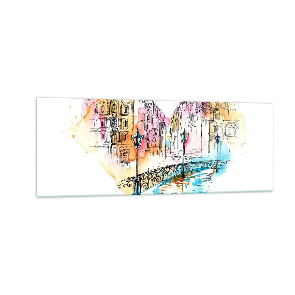 Quadro su vetro - Acquerello di un ponte e case popolari a forma di cuore - 140x50cm - Il cuore della città - Decorazione murale moderna per soggiorno e camera da letto ARTTOR