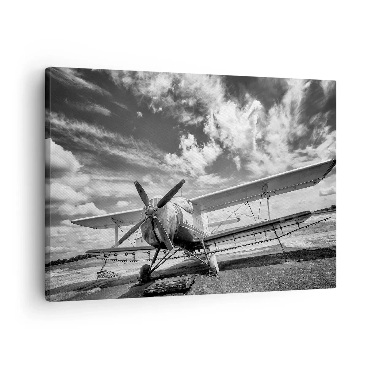 Quadro su tela - Stampe su Tela - Un vecchio aereo all'aeroporto in bianco e nero - 70x50cm - Non vedo l'ora! - Decorazione murale moderna per soggiorno e camera da letto ARTTOR
