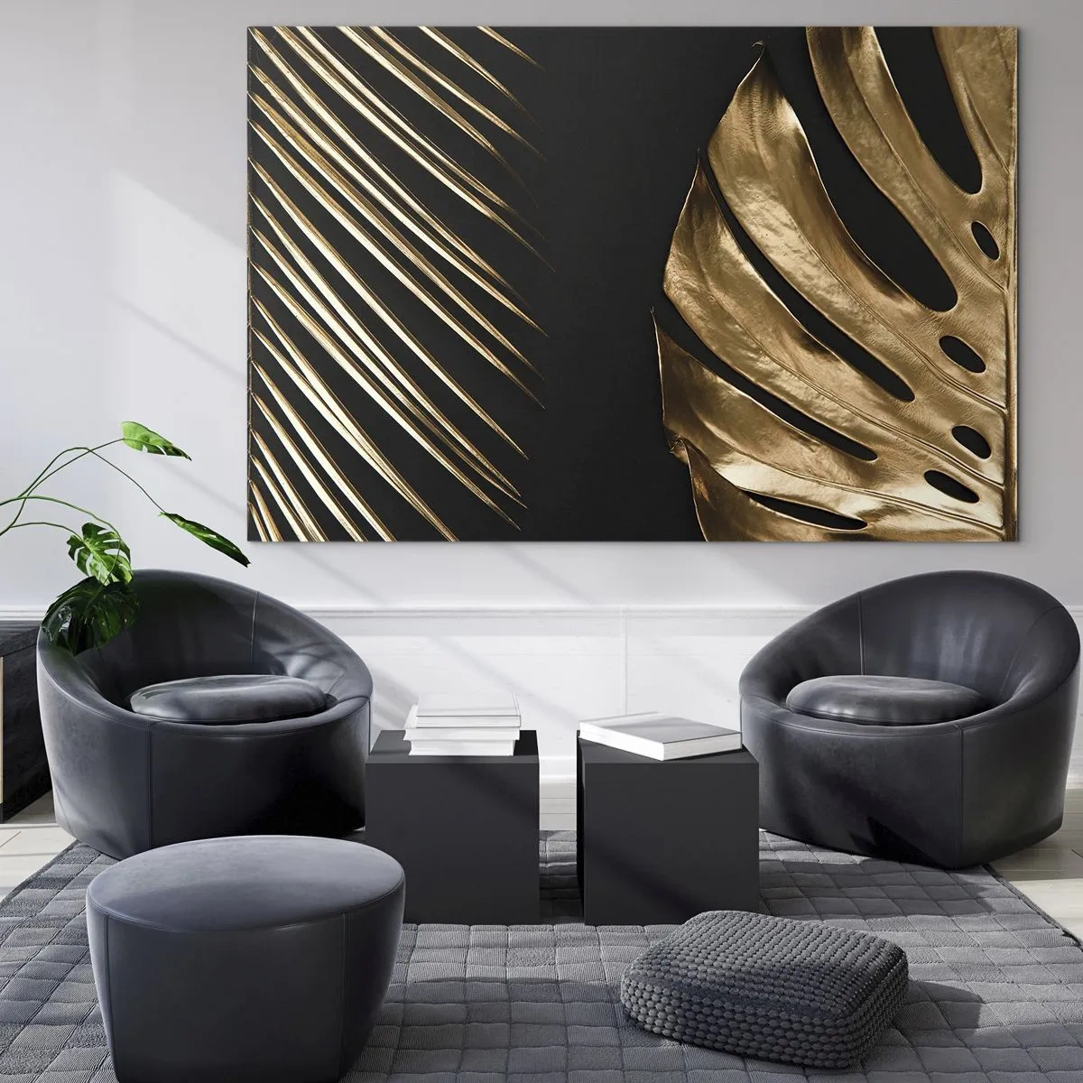 Quadro su vetro - Foglie di palma dorate e monstera su sfondo nero - 120x80cm - Diverse, ma ugualmente care - Decorazione murale moderna per soggiorno e camera da letto ARTTOR