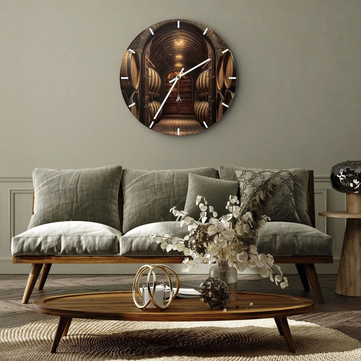 Orologio da parete - Orologio in Vetro - Botti di legno in una cantina illuminata - 30x30cm - L'atmosfera della cantina - Decorazione murale moderna per soggiorno, cucina e camera da letto ARTTOR