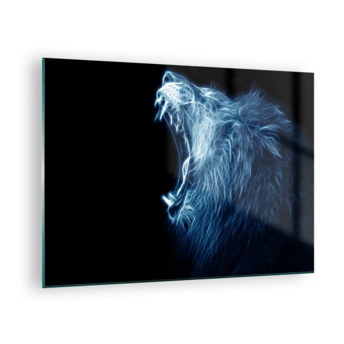 Quadro su vetro - Una suggestiva rappresentazione al neon di un leone ruggente su sfondo nero. - 70x50cm - La rabbia infuocata del re - Decorazione murale moderna per soggiorno e camera da letto ARTTOR