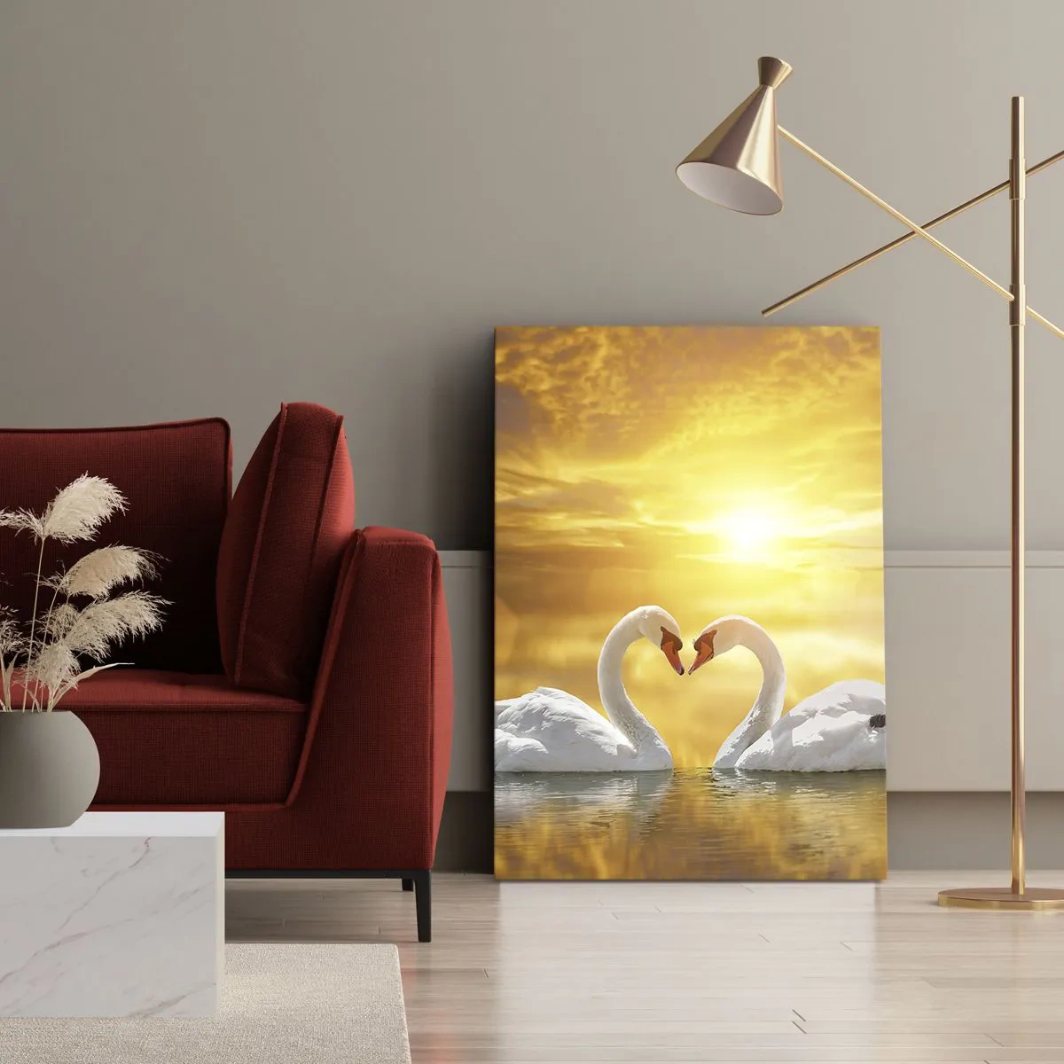 Quadro su tela - Stampe su Tela - Una scena romantica di due cigni che formano un cuore sullo sfondo di un tramonto dorato. - 80x120cm - Cuore è la più bella parola del mondo… - Decorazione murale moderna per soggiorno e camera da letto ARTTOR