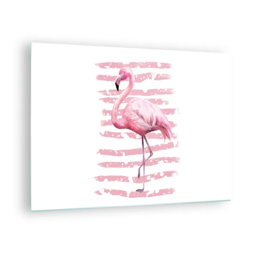 Quadro su vetro - Un fenicottero rosa su uno sfondo di artistiche strisce rosa. - 70x50cm - Con dignità, sebbene in rosa - Decorazione murale moderna per soggiorno e camera da letto ARTTOR