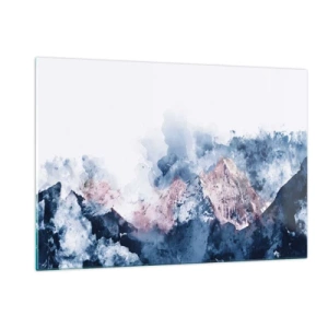 Quadro su vetro - Montagne acquerellate in tonalità pastello di blu e rosa - 120x80cm - Queste si che sono cime! - Decorazione murale moderna per soggiorno e camera da letto ARTTOR