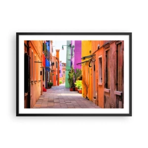 Poster in cornice nera - Una strada colorata con case popolari in tonalità chiare - 70x50cm - Angolo multicolore - Decorazione murale moderna per soggiorno e camera da letto ARTTOR