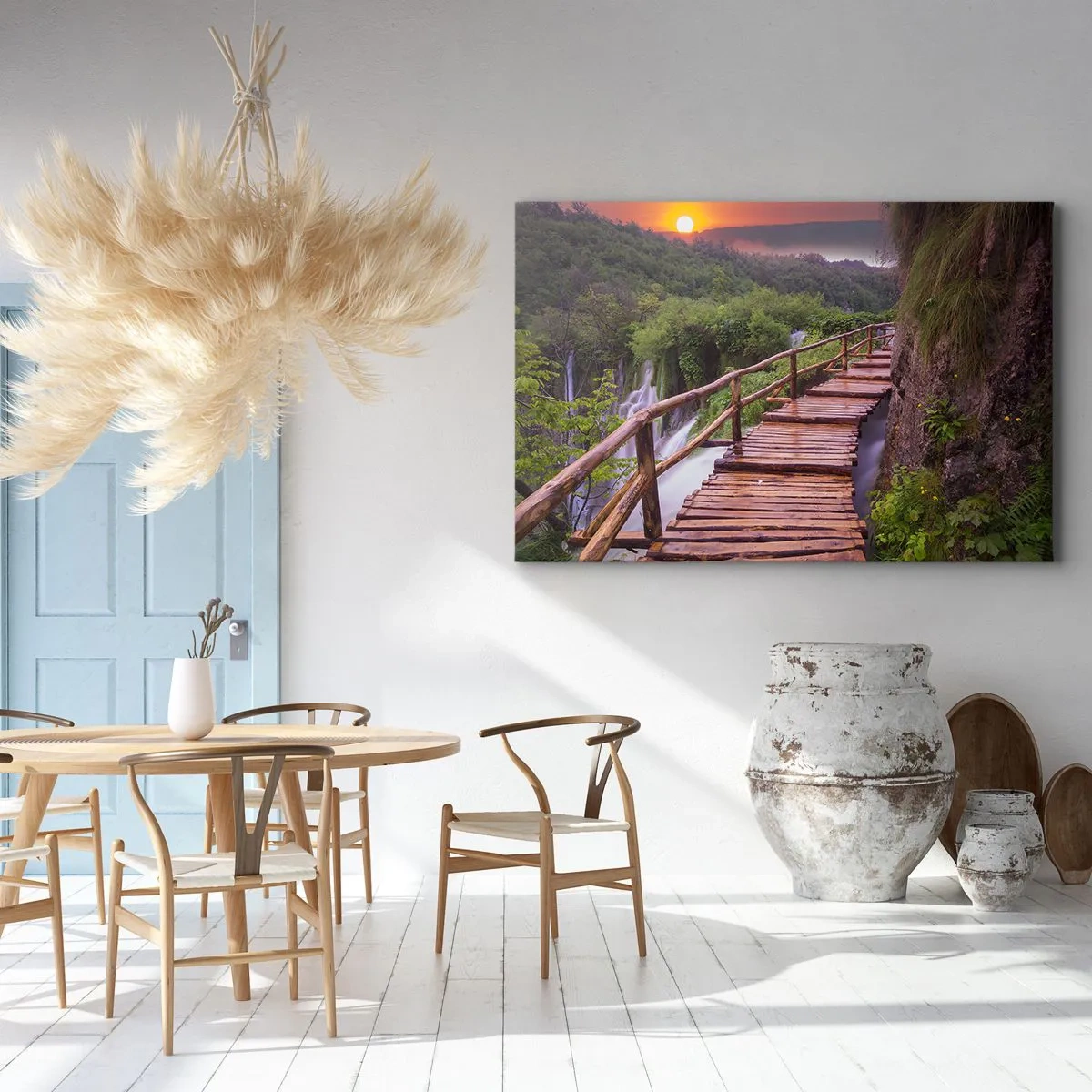 Quadro su tela - Stampe su Tela - Un ponte che domina le cascate al tramonto - 70x50cm - Una bellezza incredibile - Decorazione murale moderna per soggiorno e camera da letto ARTTOR