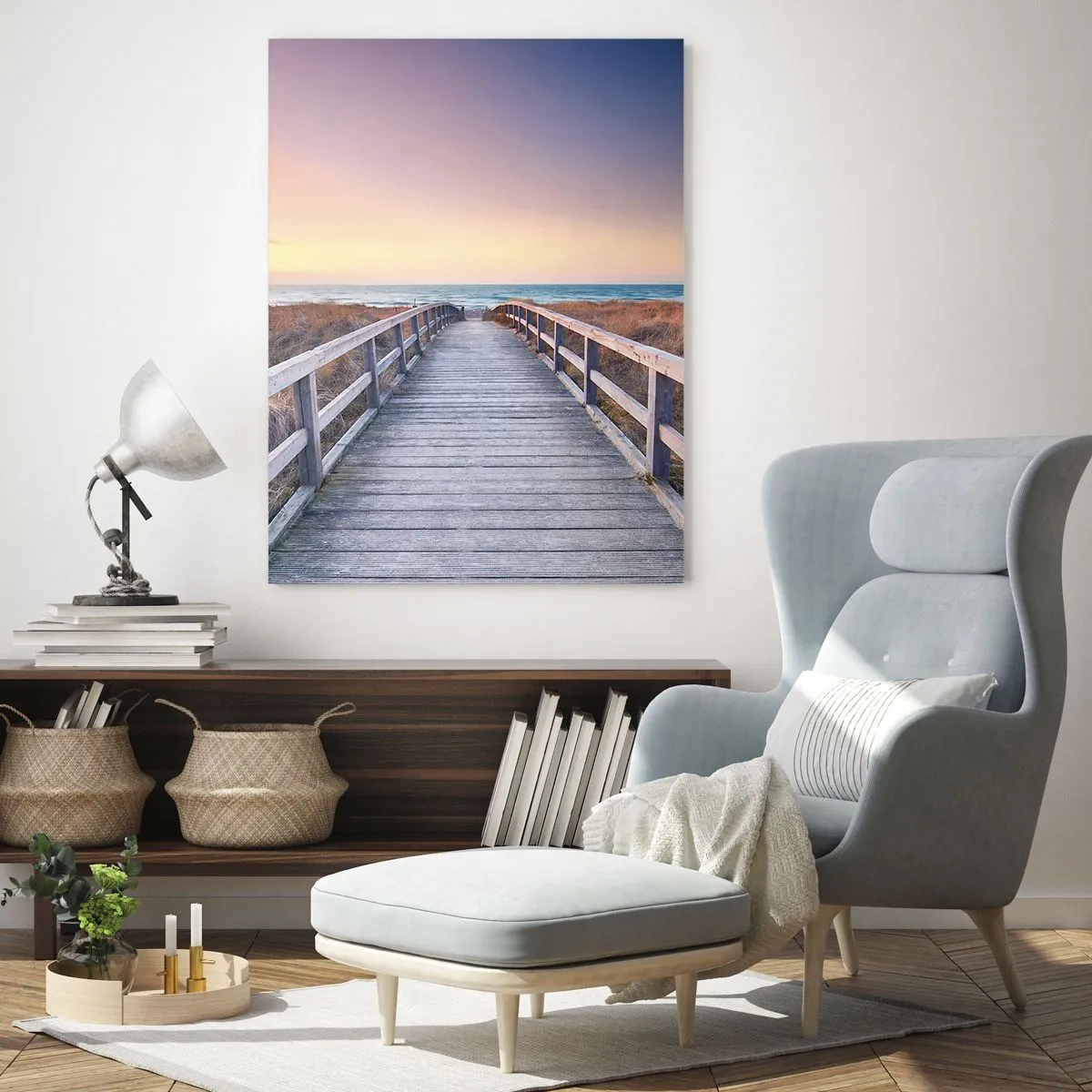 Quadro su vetro - Molo di legno che conduce alla spiaggia al tramonto - 50x70cm - Aurora serale baltica - Decorazione murale moderna per soggiorno e camera da letto ARTTOR