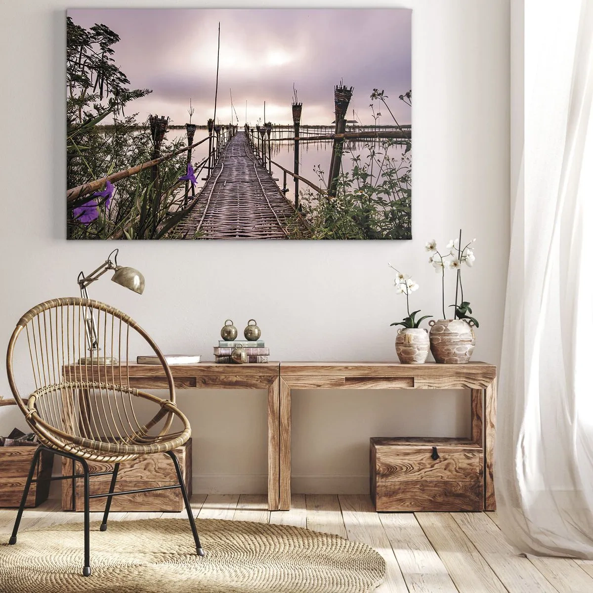 Quadro su tela - Stampe su Tela - Ponte di bambù sull'acqua all'alba - 120x80cm - Pace e silenzio dell'Asia - Decorazione murale moderna per soggiorno e camera da letto ARTTOR