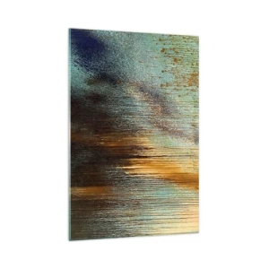 Quadro su vetro - Una composizione astratta di colori nelle tonalità dell'oro, del marrone e del blu. - 70x100cm - Composizione cromatica non casuale - Decorazione murale moderna per soggiorno e camera da letto ARTTOR