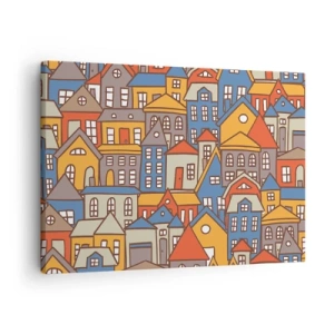 Quadro su tela - Stampe su Tela - Case colorate in stile grafico su sfondo chiaro - 70x50cm - Una casa dietro l'altra - Decorazione murale moderna per soggiorno e camera da letto ARTTOR