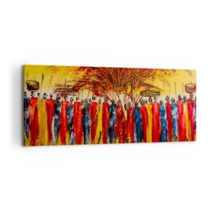 Quadro su tela - Stampe su Tela - Una scena colorata con figure africane sullo sfondo del sole al tramonto. - 120x50cm - Al suono dei tam tam - Decorazione murale moderna per soggiorno e camera da letto ARTTOR