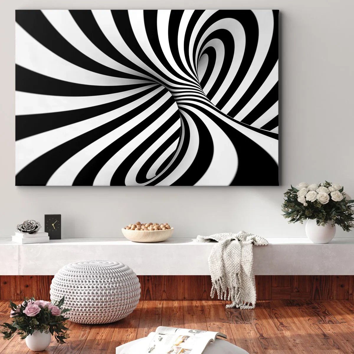 Quadro su tela - Stampe su Tela - Tunnel astratto con strisce a spirale bianche e nere - 120x80cm - Composizione: spazio danzante - Decorazione murale moderna per soggiorno e camera da letto ARTTOR