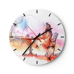 Orologio da parete - Orologio in Vetro - Una donna seduta a un tavolo con vista sulla Torre Eiffel in colori pastello - 30x30cm - Chic parigino - Decorazione murale moderna per soggiorno, cucina e camera da letto ARTTOR