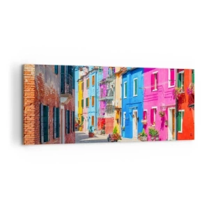 Quadro su tela - Stampe su Tela - Edifici colorati in una stretta strada cittadina - 120x50cm - La cittadina dei pappagalli - Decorazione murale moderna per soggiorno e camera da letto ARTTOR