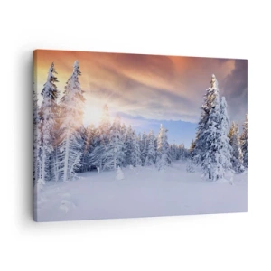 Quadro su tela - Stampe su Tela - Paesaggio invernale con foresta innevata al tramonto - 70x50cm - Spettacolo innevato della natura - Decorazione murale moderna per soggiorno e camera da letto ARTTOR