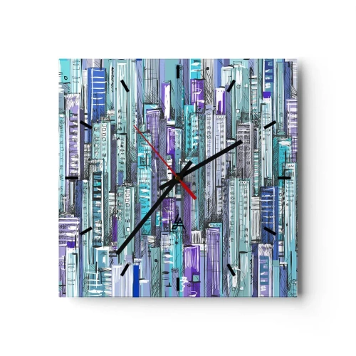 Orologio da parete - Orologio in Vetro - Illustrazione di una città con edifici geometrici nelle tonalità del blu e del viola. - 30x30cm - Bluastri dal cielo - Decorazione murale moderna per soggiorno e camera da letto ARTTOR