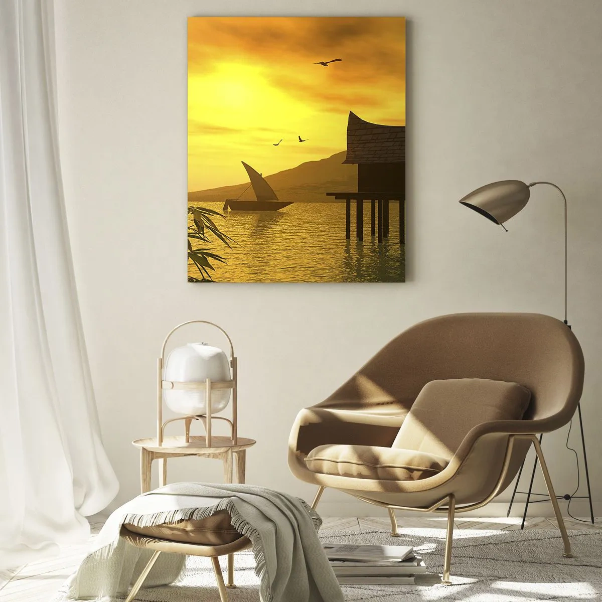Quadro su vetro - Tramonto sul lago con una casa su palafitte - 50x70cm - Calma desiderata - Decorazione murale moderna per soggiorno e camera da letto ARTTOR