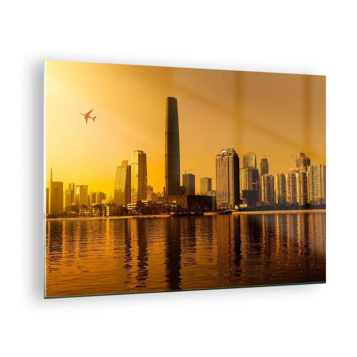 Quadro su vetro - Una città moderna con grattacieli al tramonto - 70x50cm - Città d'oro - Decorazione murale moderna per soggiorno e camera da letto ARTTOR