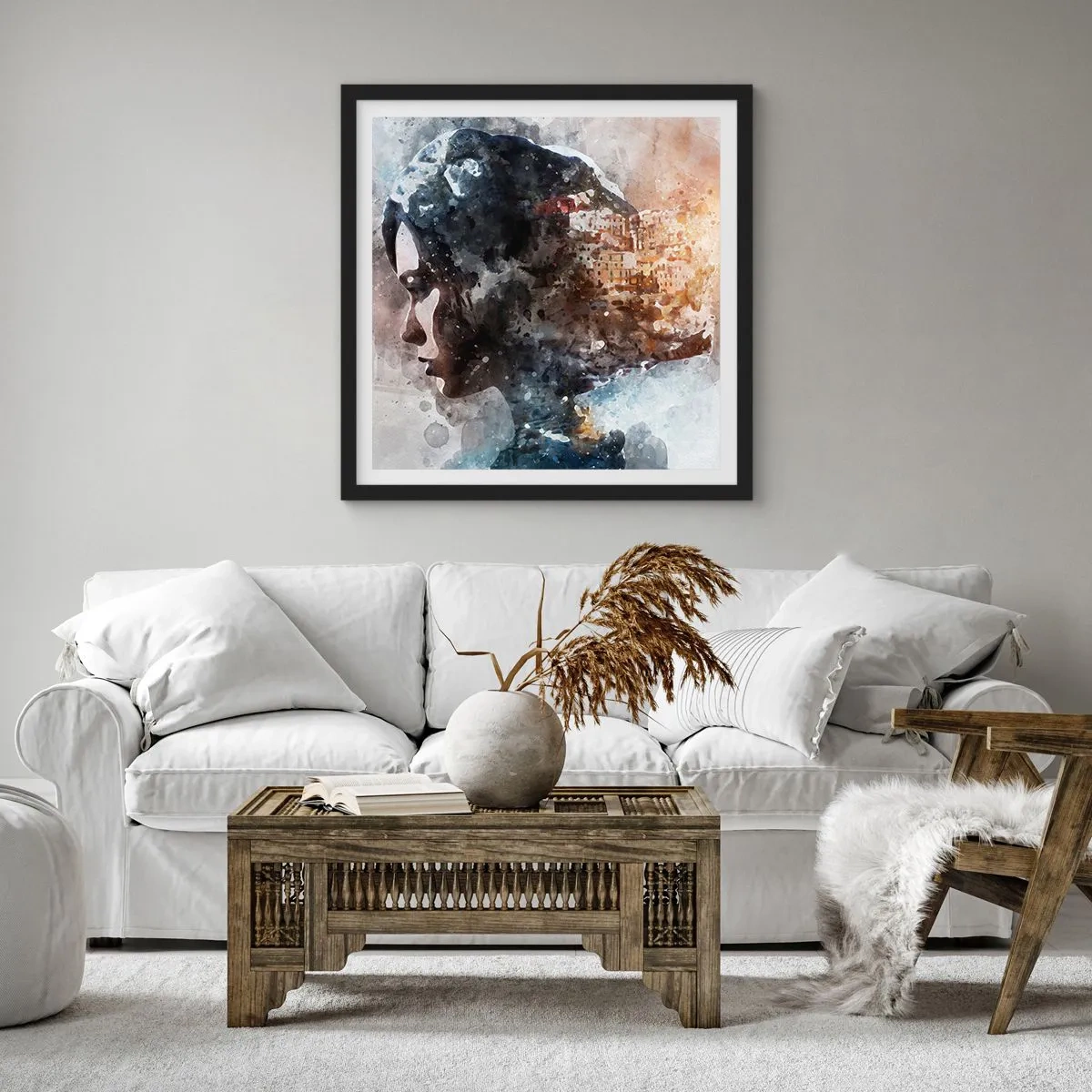 Poster in cornice nera - Racconto su una ragazza con città sullo sfondo - 50x50 cm