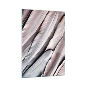 Quadro su vetro - Primo piano di piume pastello nelle tonalità del rosa e dell'argento - 50x70cm - Argento rosato - Decorazione murale moderna per soggiorno e camera da letto ARTTOR