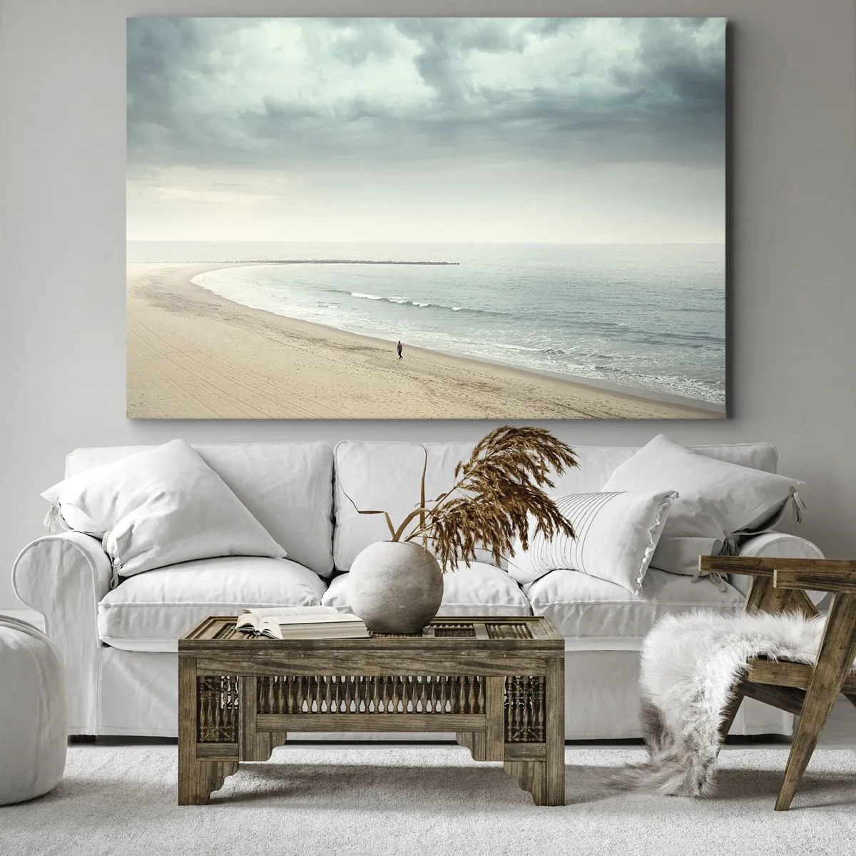 Quadro su tela - Stampe su Tela - Una figura solitaria su una spiaggia deserta in riva al mare calmo - 70x50cm - Cercando la pace - Decorazione murale moderna per soggiorno e camera da letto ARTTOR