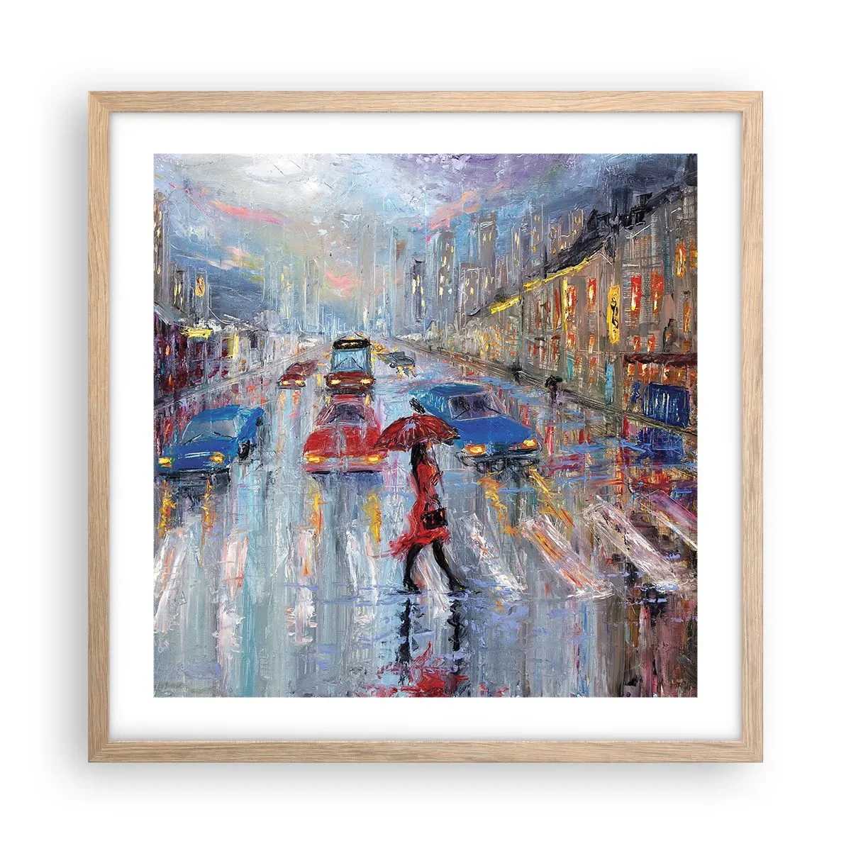 Poster in cornice rovere chiaro - Pomeriggio di pioggia in città - 50x50 cm
