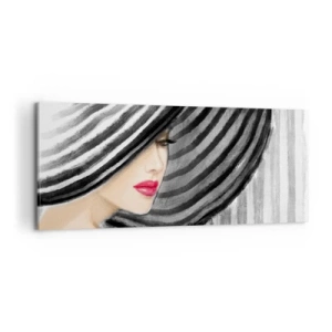 Quadro su tela - Stampe su Tela - Donna che indossa un cappello bianco e nero con un accento rosso - 120x50cm - Dove trovarti? - Decorazione murale moderna per soggiorno e camera da letto ARTTOR