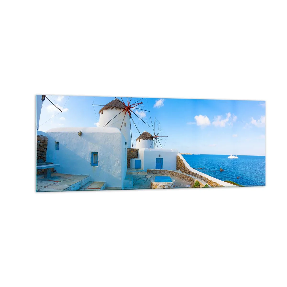 Quadro su vetro - Mulini a vento bianchi sulle rive del mare blu - 140x50cm - Vento azzurro sul mare - Decorazione murale moderna per soggiorno e camera da letto ARTTOR