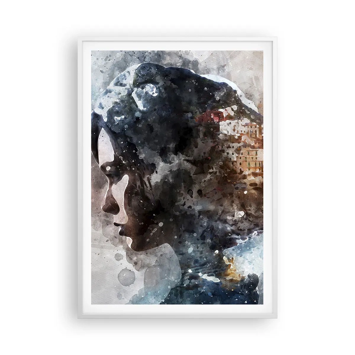 Poster in cornice bianca - Racconto su una ragazza con città sullo sfondo - 70x100 cm
