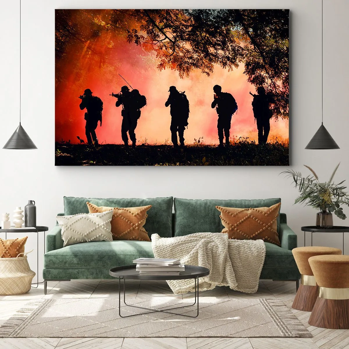 Quadro su tela - Stampe su Tela - Sagome di soldati nella foresta contro il cielo arancione - 120x80cm - …Tutti per uno. - Decorazione murale moderna per soggiorno e camera da letto ARTTOR
