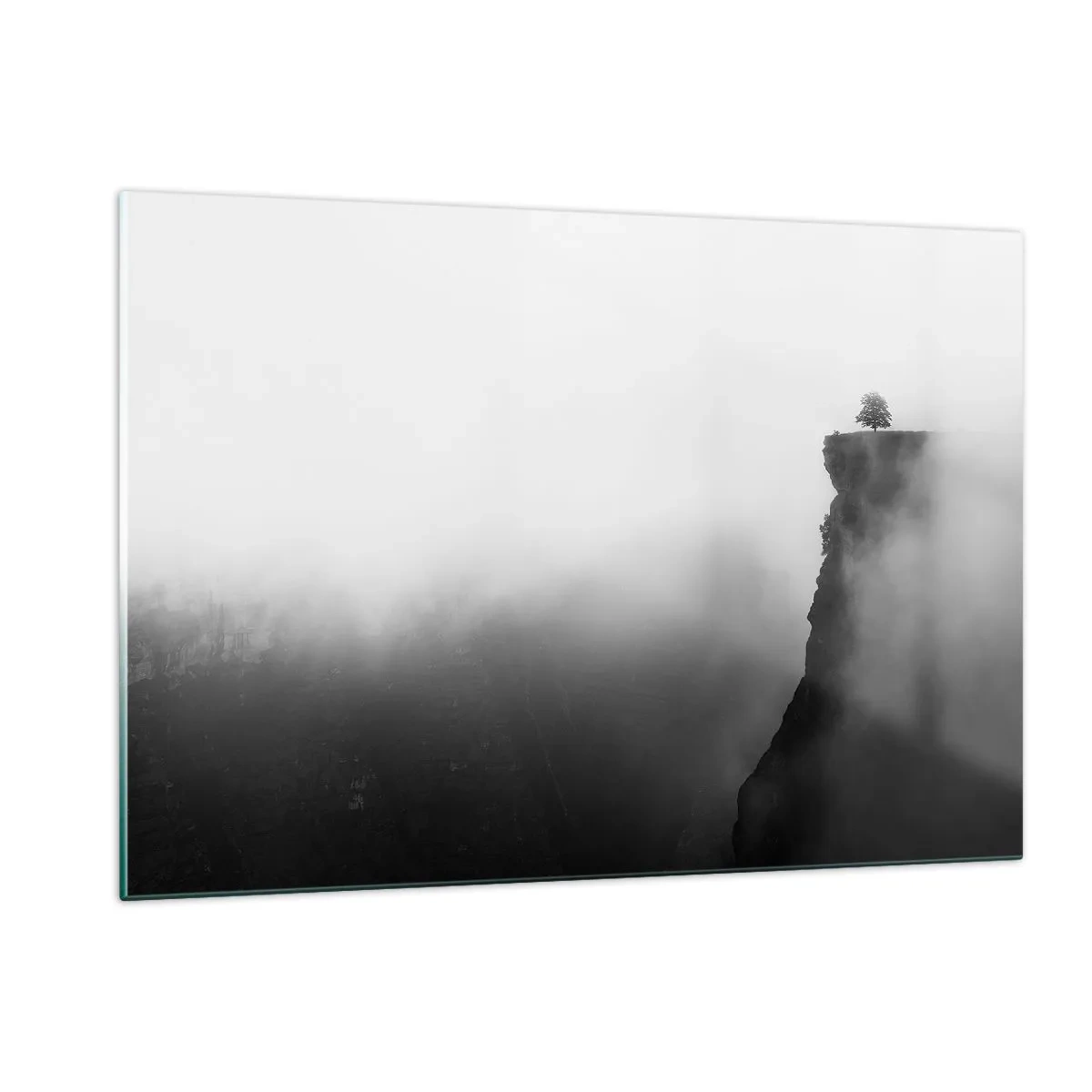 Quadro su vetro - Un albero solitario sul bordo di una scogliera nella fitta nebbia - 120x80cm - Al confine del mondo - Decorazione murale moderna per soggiorno e camera da letto ARTTOR