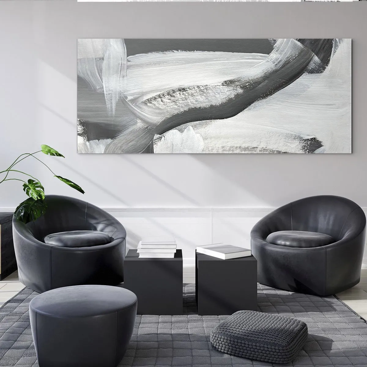 Quadro su vetro - Astrazione grigia e bianca con linee dinamiche - 120x50cm - Movimento deciso - Decorazione murale moderna per soggiorno e camera da letto ARTTOR