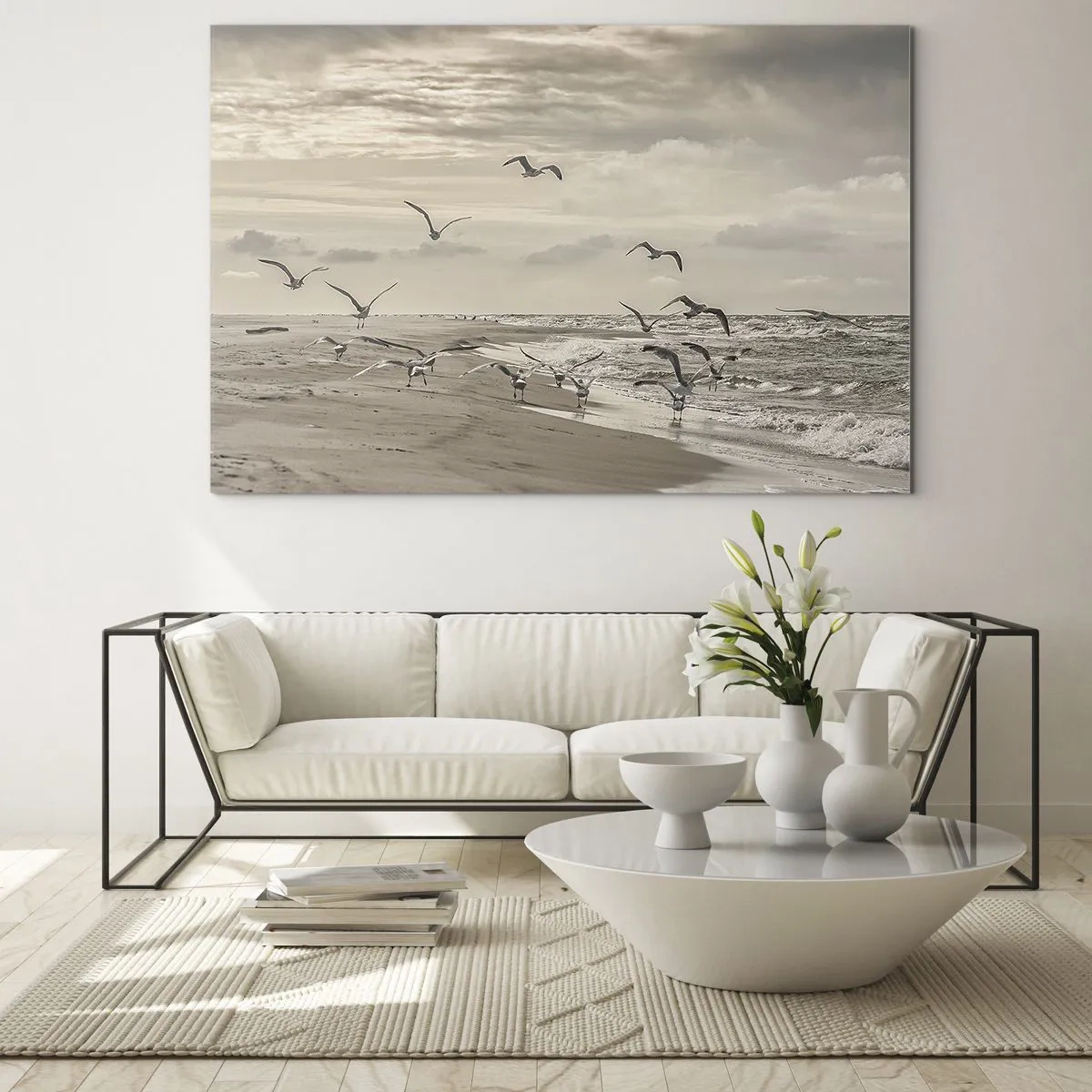 Quadro su vetro - Uccelli sulla riva del mare all'alba nei toni seppia - 70x50cm - Brusio del mare, canto degli uccelli - Decorazione murale moderna per soggiorno e camera da letto ARTTOR