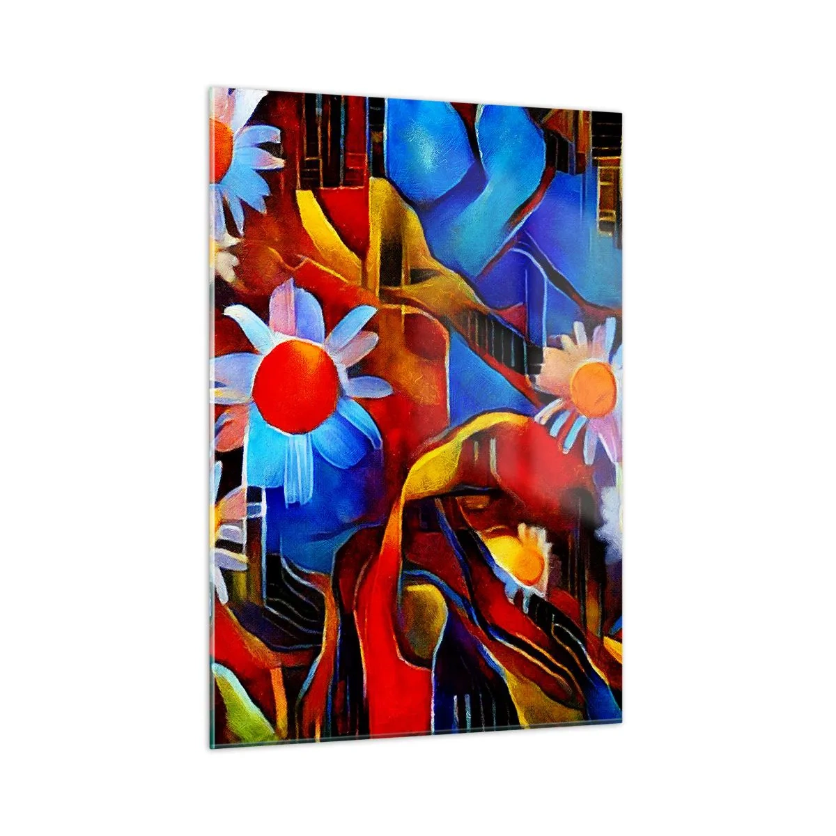 Quadro su vetro - Fiori astratti colorati su uno sfondo di colori intensi - 50x70cm - I colori della vita - Decorazione murale moderna per soggiorno e camera da letto ARTTOR