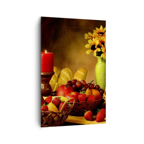 Quadro su tela - Stampe su Tela - Natura morta con frutta, pane, candela e fiori - 80x120cm - Natura morta con pane e frutta - Decorazione murale moderna per soggiorno e camera da letto ARTTOR