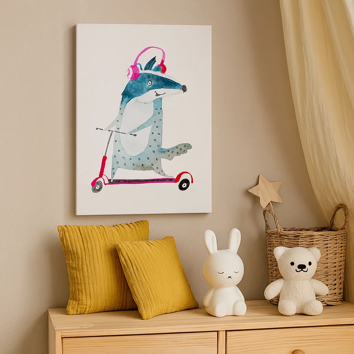 Quadro su tela - Stampe su Tela - Tasso su uno scooter con cuffie rosa - 50x70cm - Tassi di gioia - Decorazione murale moderna per soggiorno e camera da letto ARTTOR