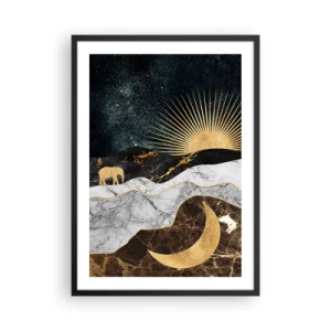 Poster in cornice nera - Paesaggio dorato con la luna, il sole e la sagoma di un elefante - 50x70cm - Leggi eterne - Decorazione murale moderna per soggiorno e camera da letto ARTTOR