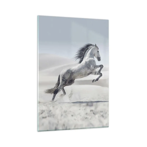 Quadro su vetro - Un cavallo bianco al galoppo sullo sfondo delle dune del deserto - 80x120cm - Il principe arabo - Decorazione murale moderna per soggiorno e camera da letto ARTTOR