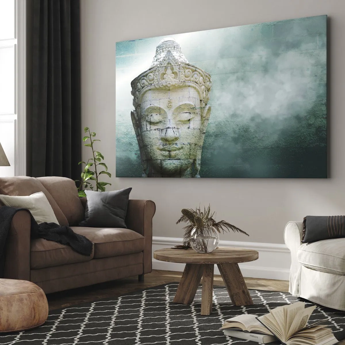 Quadro su tela - Stampe su Tela - Statua del Buddha con una leggera nebbia su uno sfondo verde - 100x70cm - Cercando la luce - Decorazione murale moderna per soggiorno e camera da letto ARTTOR